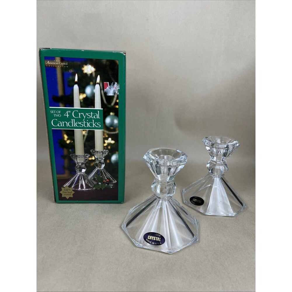 VTG NIB American Crystal Collection Set 2 Candlesticks Holder 24% Fine Lead USA